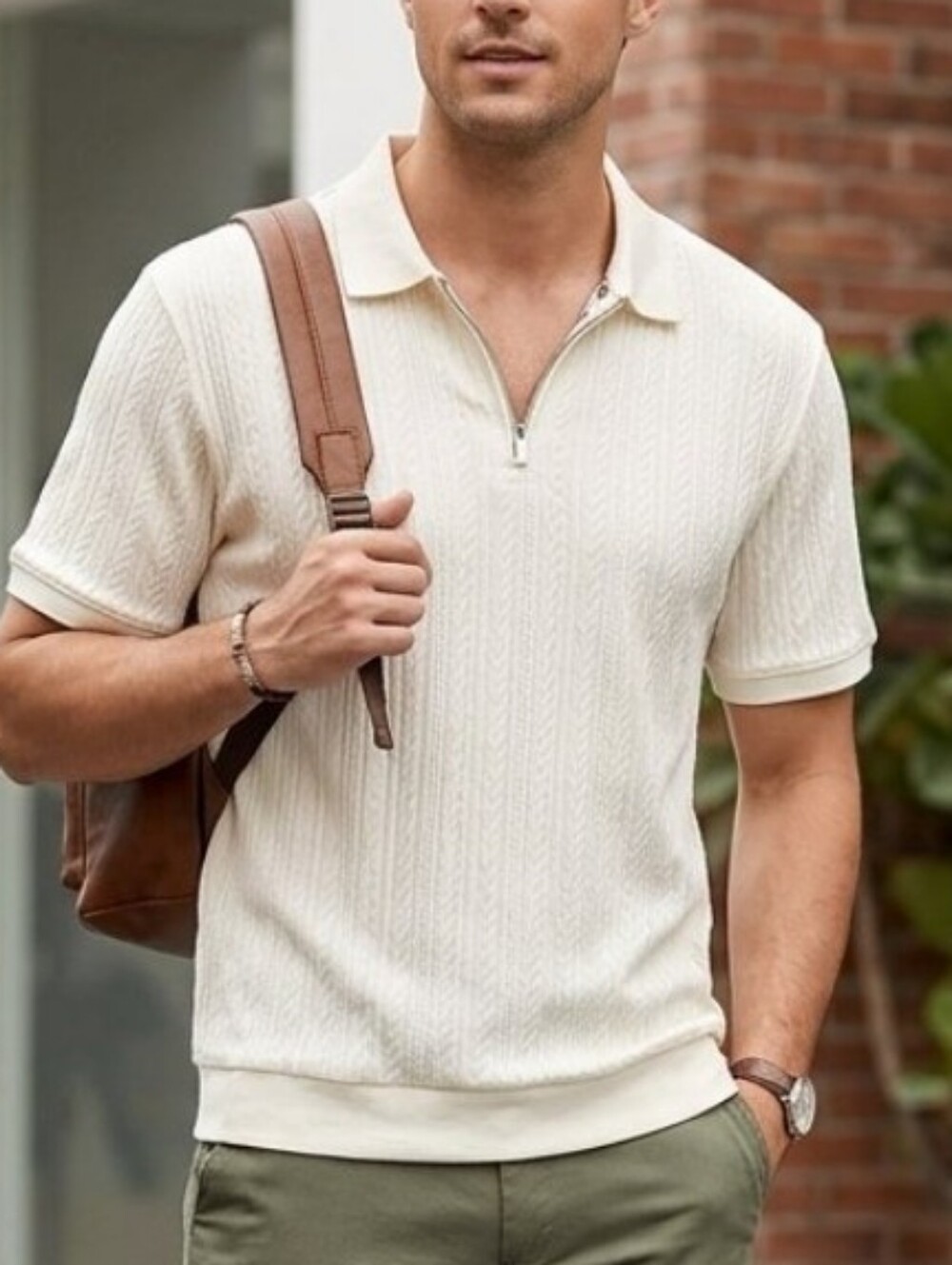 Cactus Man Textured  Cream Short-Sleeve  Quarter Zip Polo shirt Sz L